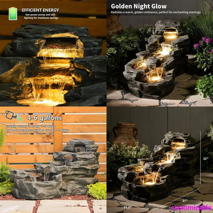 37 Liters Floor Standing 5-Level Rock Waterfall Fountain with LED Lights