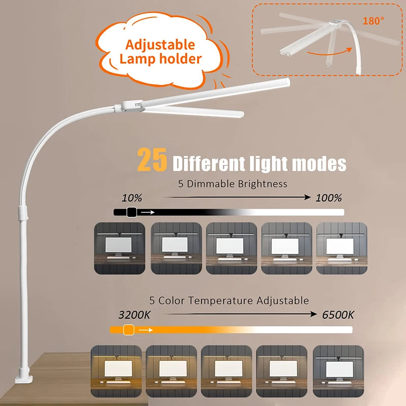 Double Head LED Desk Lamp, 5Color Modes and 5 Dimmable Eye Protection lamp