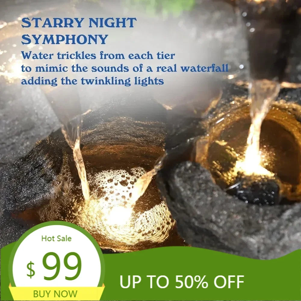 Multi-Level Rock Waterfall Fountain with Illumination