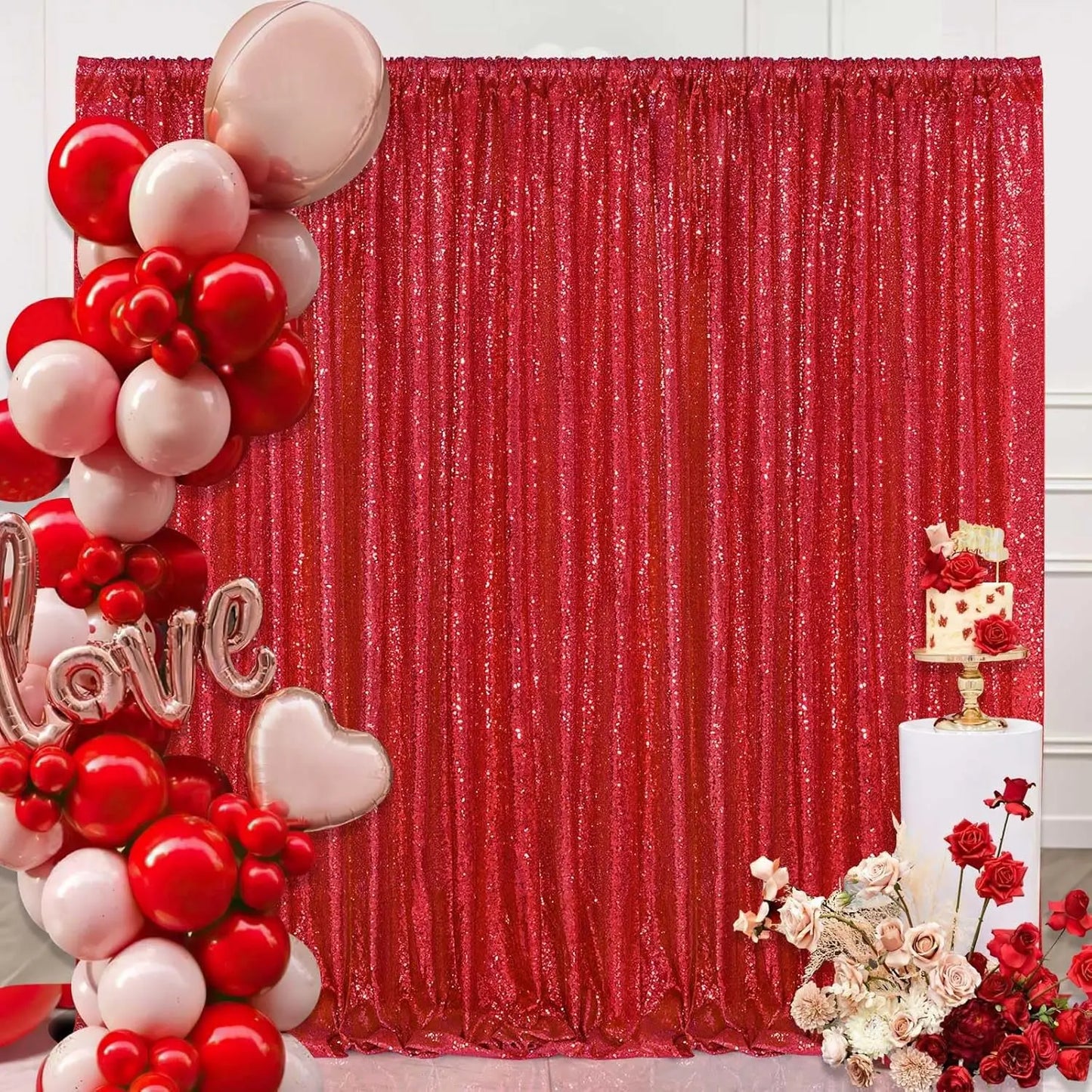 Red Sequin Backdrop Curtains 1Pcs 7ftx7ft Glitter Red Photo Backdrop Drapes Party Wedding Baby Shower Curtain Sparkle Photograph