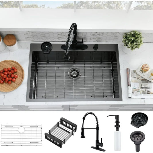 33x22 Inch Drop In Kitchen Sink and Faucet Combo Black Stainless Steel