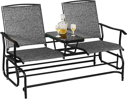 Double Bench Glider with Metal Frame and Tempered Glass Table