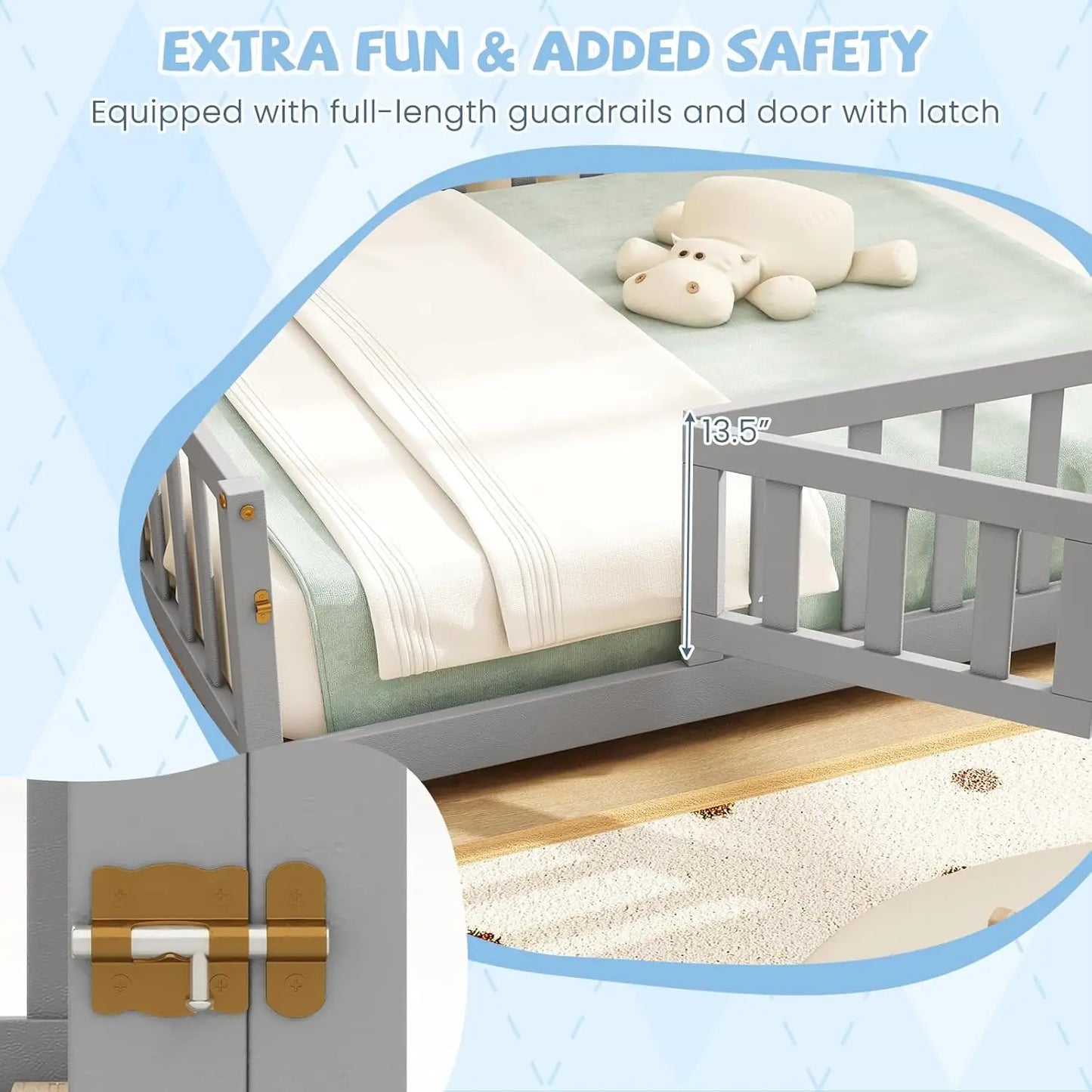 Full Size Kids Floor Bed, Wood Slats & Safety Guardrails