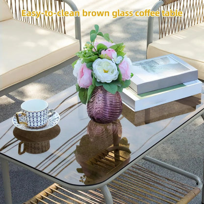 4 Pieces Patio Furniture Set, Wicker Outdoor Conversation Set