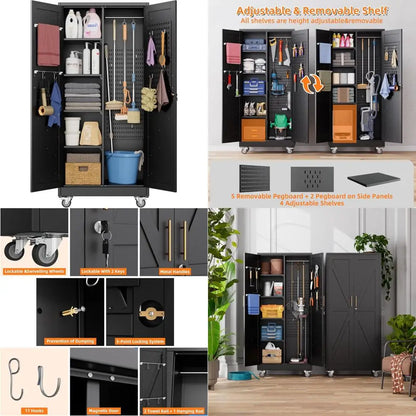 Garage Storage Cabinet with 4 Shelves, Pegboard