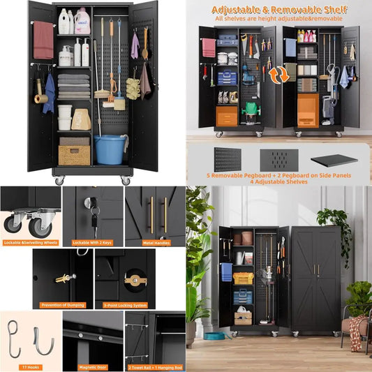 Garage Storage Cabinet with 4 Shelves, Pegboard