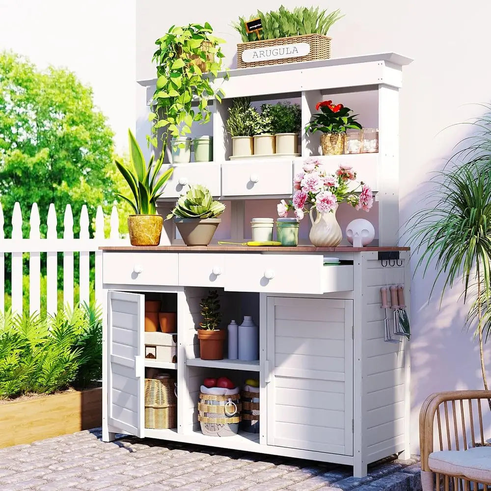 White Outdoor Potting Bench with Hutch,65.7 Tall
