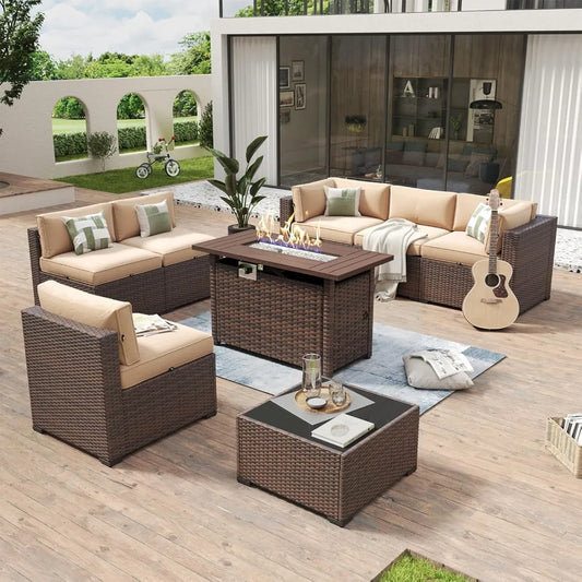 8 Piece Patio Furniture Set with 44” Fire Pit Table