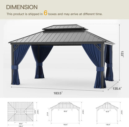 12'x16' Hardtop Gazebo Galvanized Steel Metal Double Roof Gazebo with Curtains and Netting