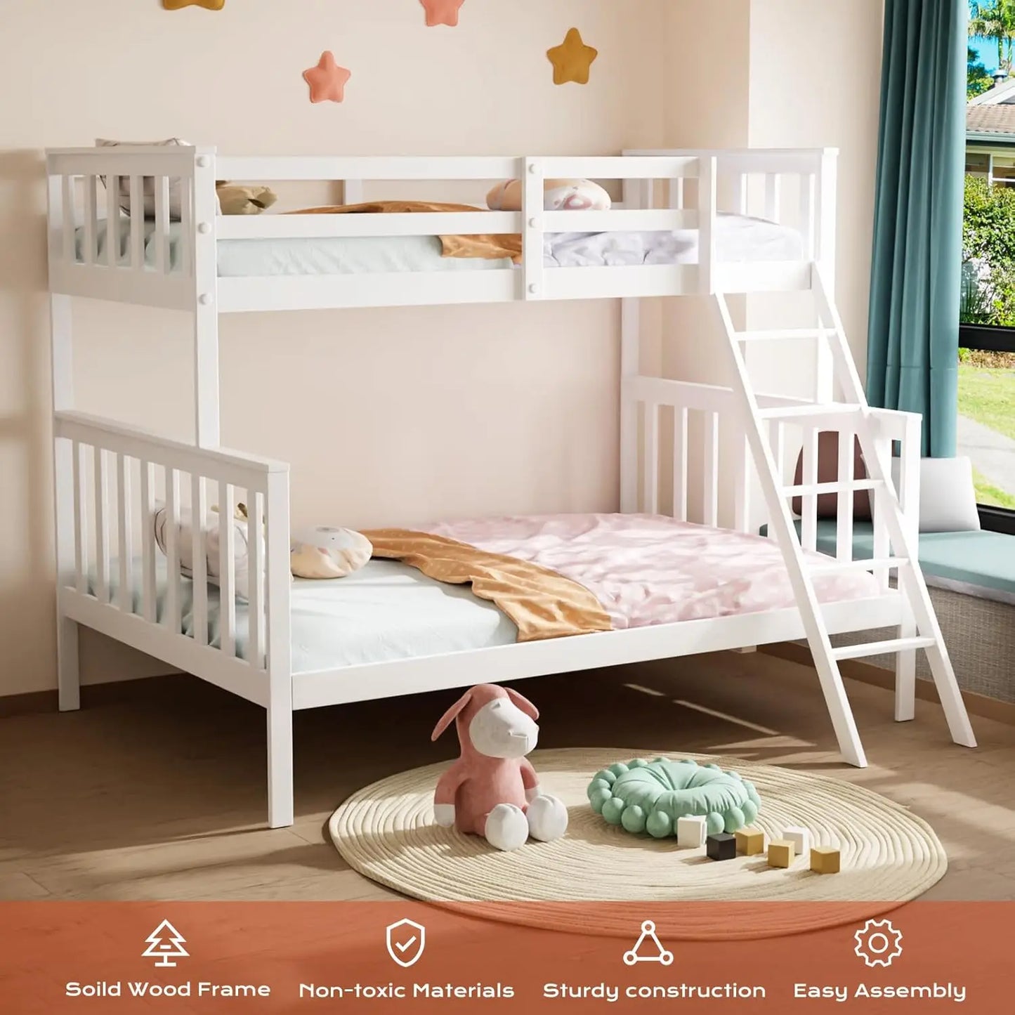 Twin Over Full Bunk Bed, Solid Wood Frame with Ladder & Guard Rail