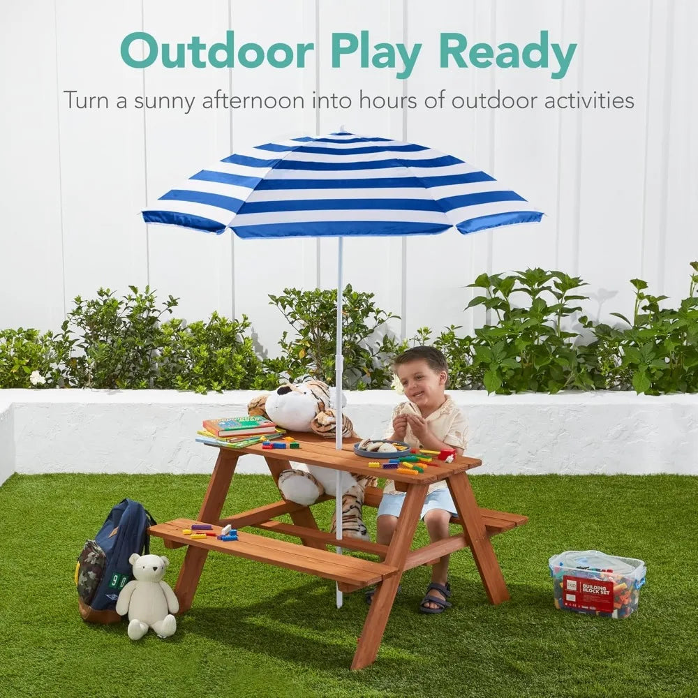 Kids Wooden Picnic Table w/Adjustable Collapsible Umbrella