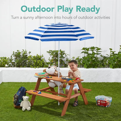 Kids Wooden Picnic Table w/Adjustable Collapsible Umbrella