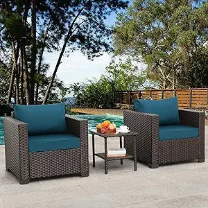 Outdoor Furniture Club Chair 3 Pieces Patio Single Sofa Chairs and Glass End Table Outdoor Chairs Set of 2 and SideTable with A