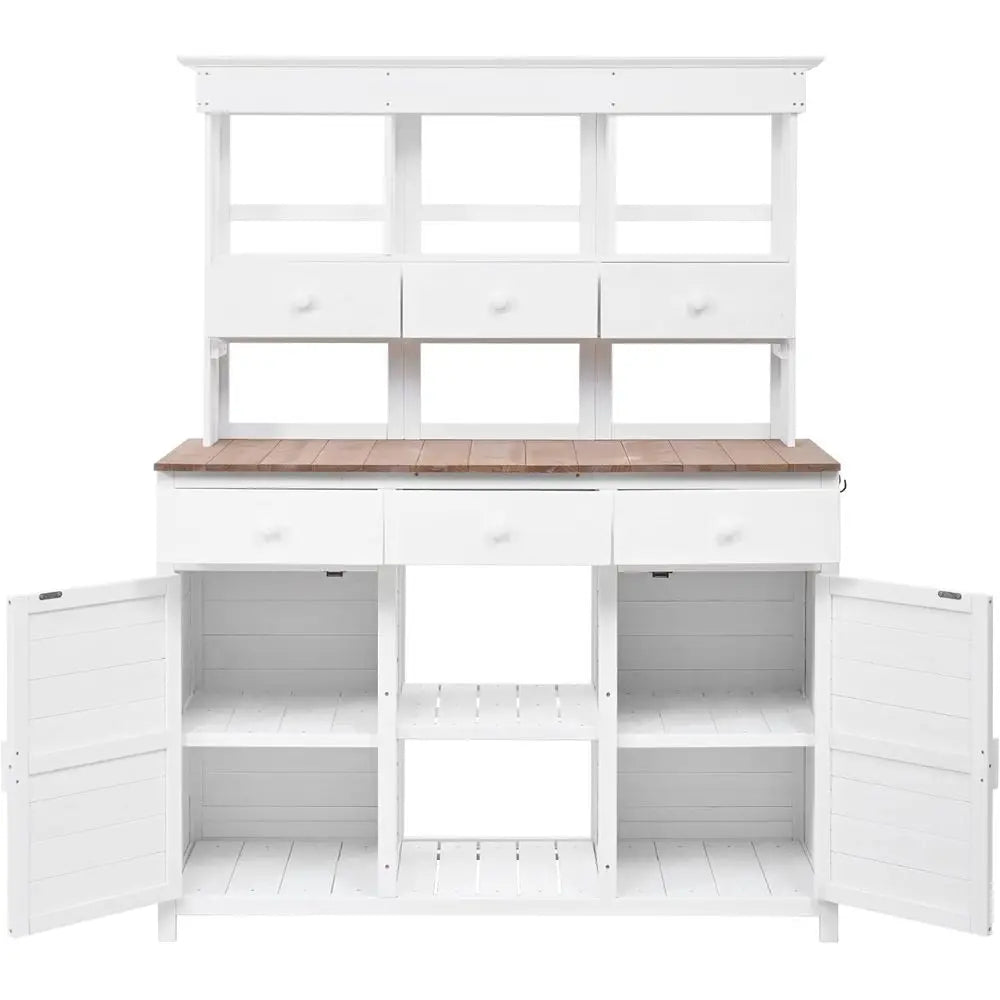 White Outdoor Potting Bench with Hutch,65.7 Tall