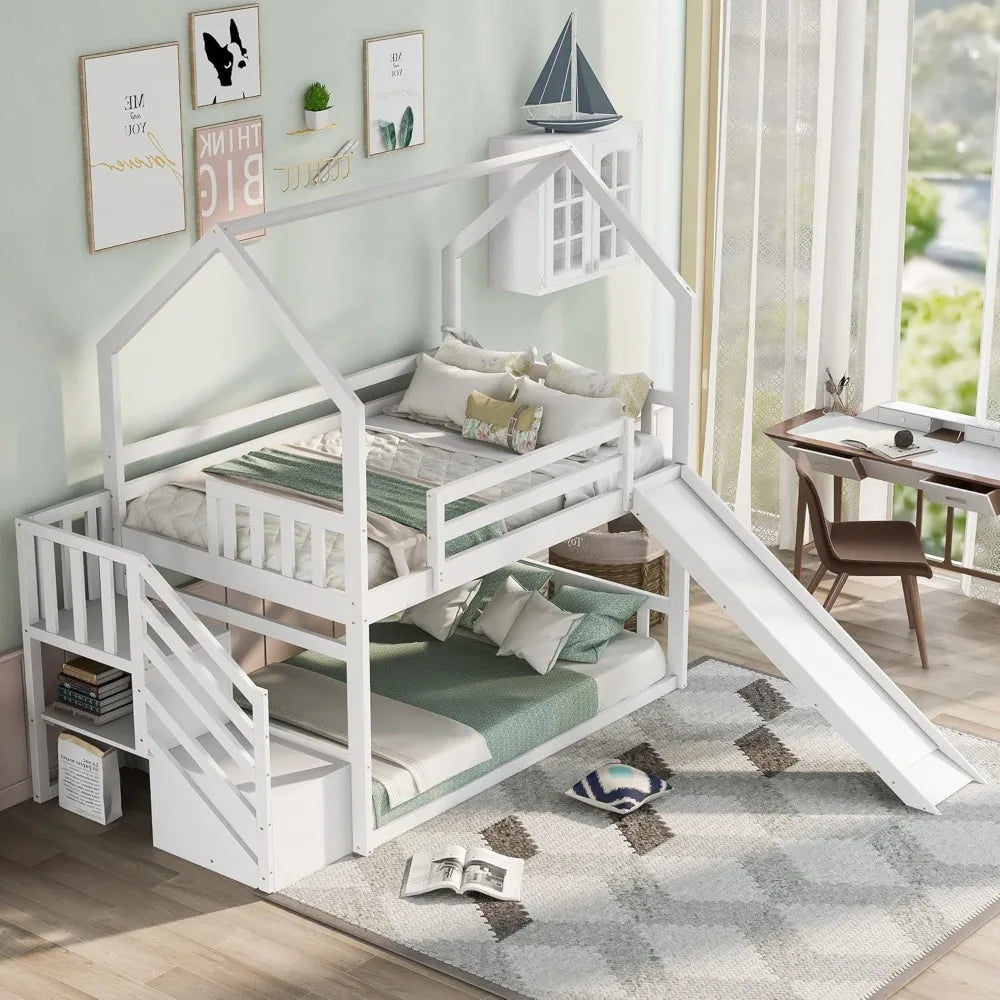 Twin Over Twin Bunk Bed with Slide, Solid Wood