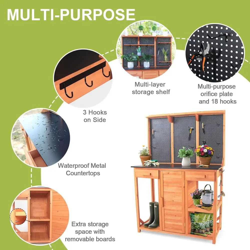 Wooden Garden Potting Bench with Metal Top, Drawer & Storage (Black, 44x20x63)