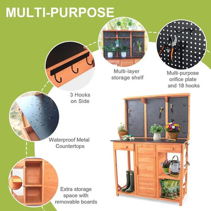Wooden Garden Potting Bench with Metal Top, Drawer & Storage (Black, 44x20x63)