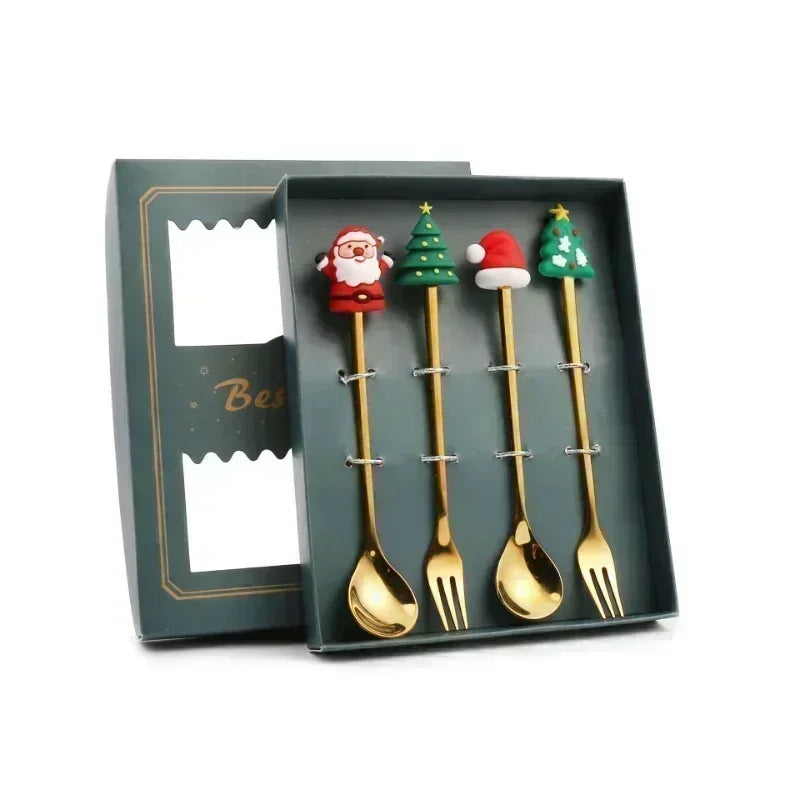4Pcs Christmas Fork And Spoon Set Stainless Steel