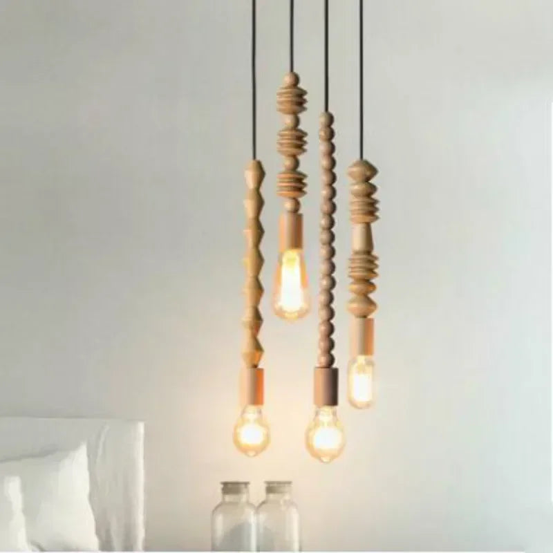 Retro Style Pendant Lights Oak Wooden Geometric Beads