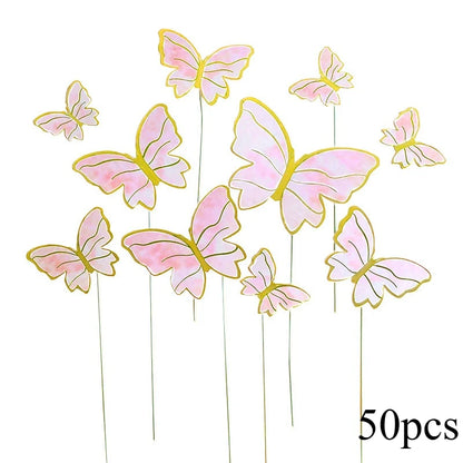 10/50pcs Butterfly Cake Toppers, Elegant Purple & Pink Paper Decorations
