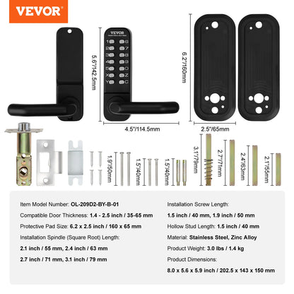 Mechanical Keyless Entry Door Lock Single/Double -Sided 14 Digit Keypad and Handle Embedded