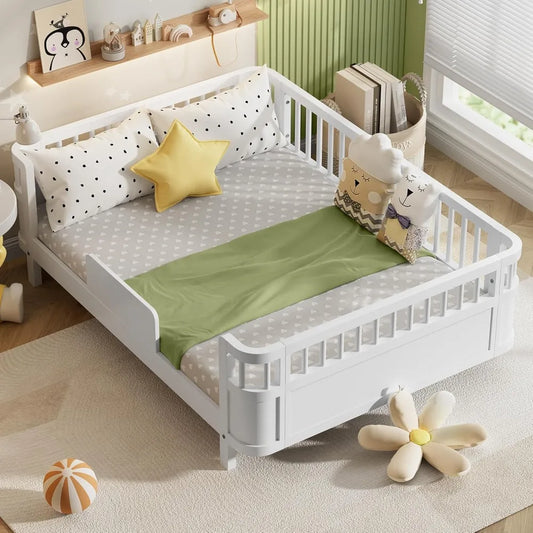Floor Bed Frame with Fence and Wood Slats for Kids Bedroom