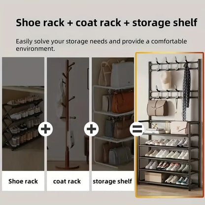 Entryway Coat Rack, Shoe Rack, with 4-Tier Storage Shelves and 8 Double Hooks