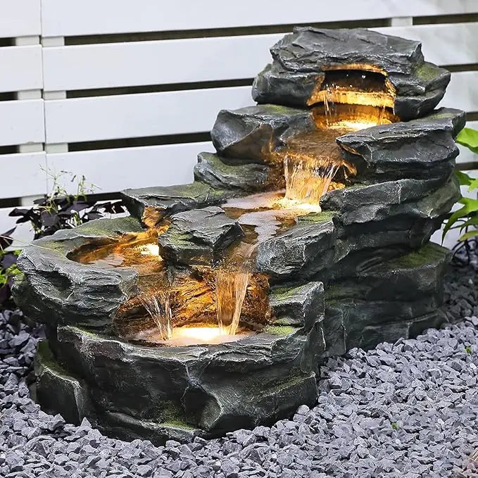 37 Liters Floor Standing 5-Level Rock Waterfall Fountain with LED Lights