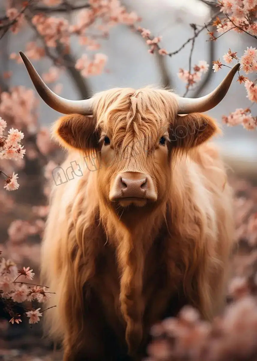 Scottish Highland Cow Floral Portrait Canvas Wall Art