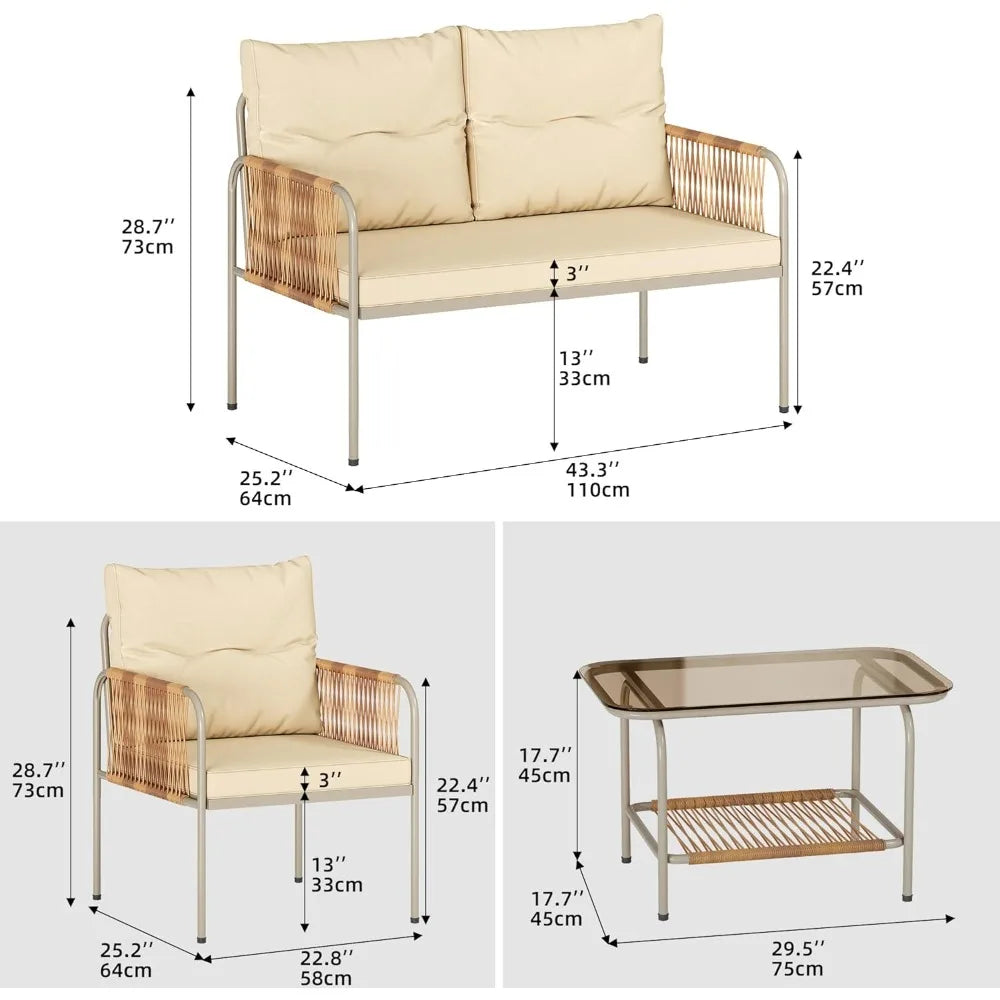 4 Pieces Patio Furniture Set, Wicker Outdoor Conversation Set