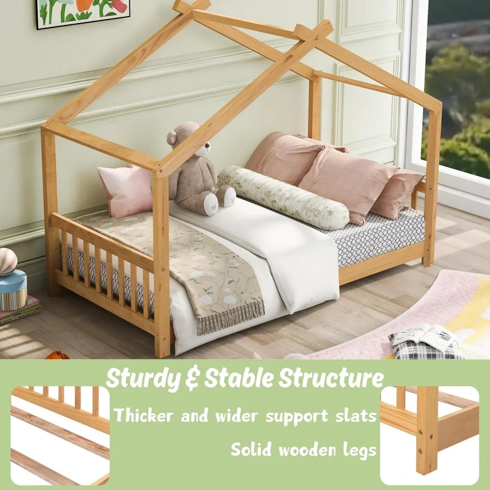 Floor House Bed Frame Twin Size with Headboard & Footboard