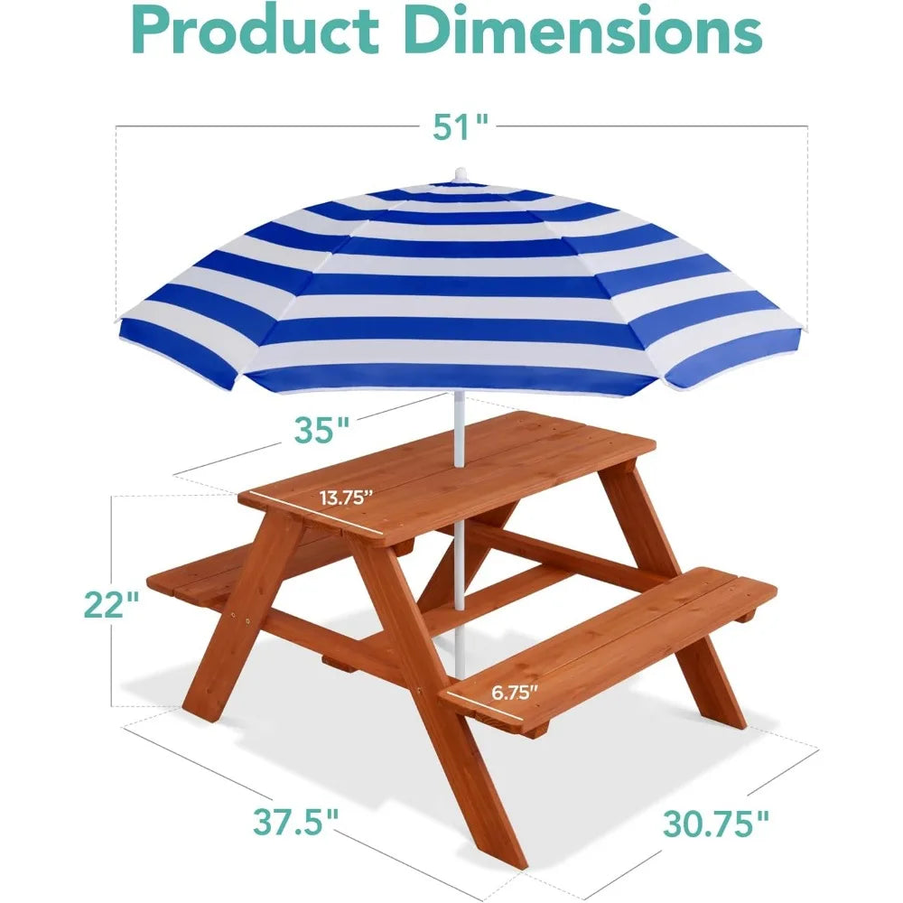 Kids Wooden Picnic Table w/Adjustable Collapsible Umbrella