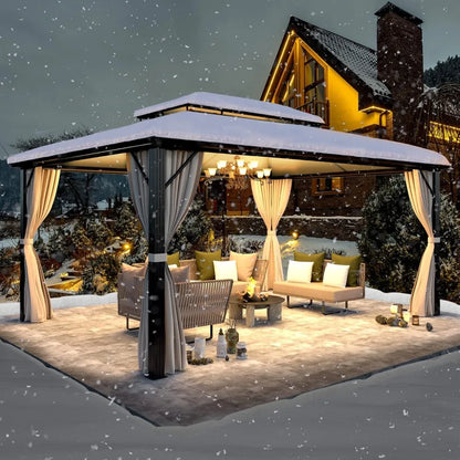12x16ft Hardtop Gazebo, Double Roof Aluminum Frame with Curtains