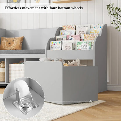 Kids Reading Nook with Bench, Bookshelf, Seat Cushion