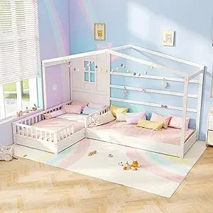 L Shaped Twin Beds for Kids Double, Wooden, Fence & Slats