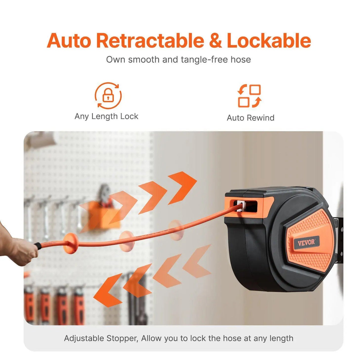 65ftx3/8in Industrial Air Hose Reel 300PSI with Quiet Retraction and Full Rotation Bracket