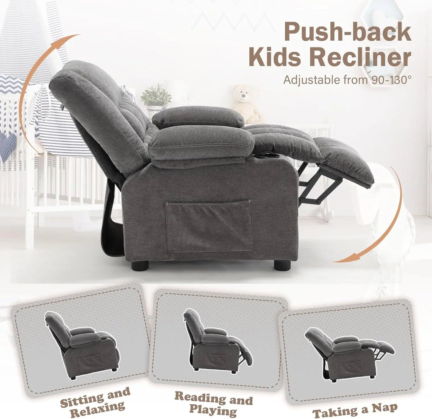 Kids Recliner Chair with Cup Holders, Adjustable Footrest & Headrest, Deep Grey