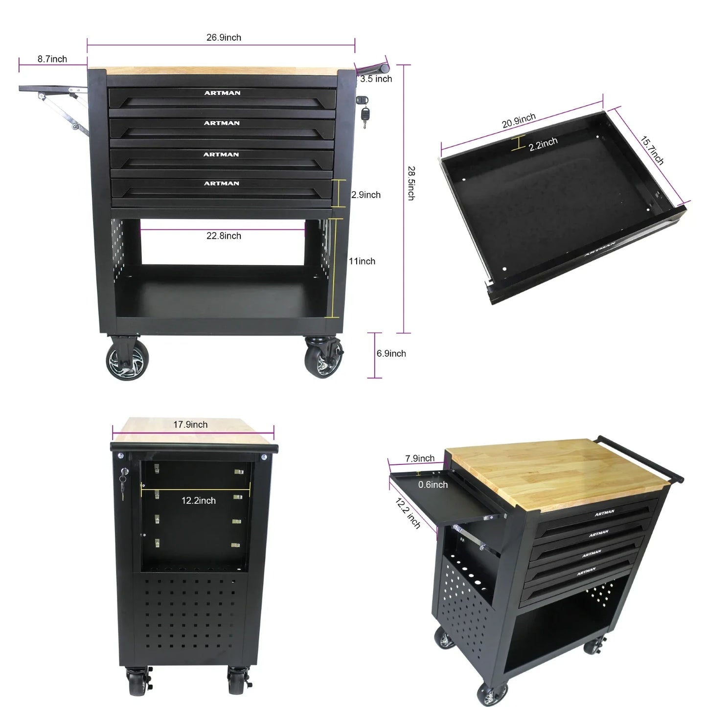 Tool box on wheels, with 4 drawers