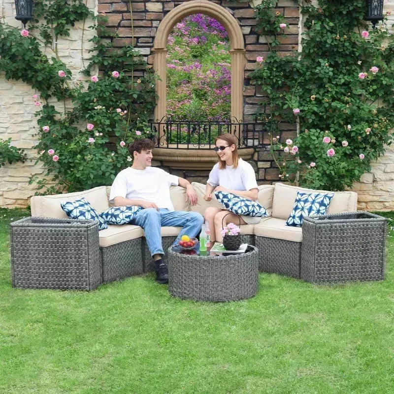 outdoor patio half-moon furniture. Grey rattan