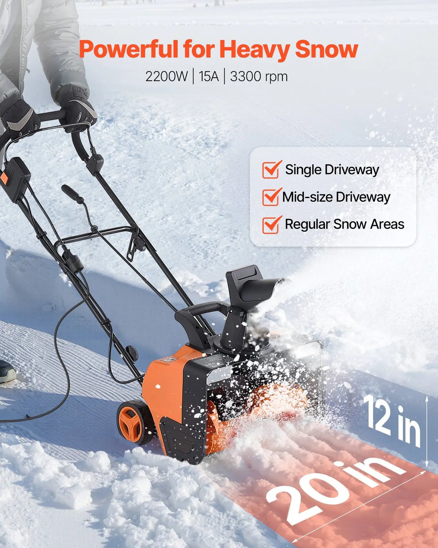 Electric Snow Blower 20" Wide 15A Corded Snow Thrower w/ 180° Chute 25FT Throwing Distance
