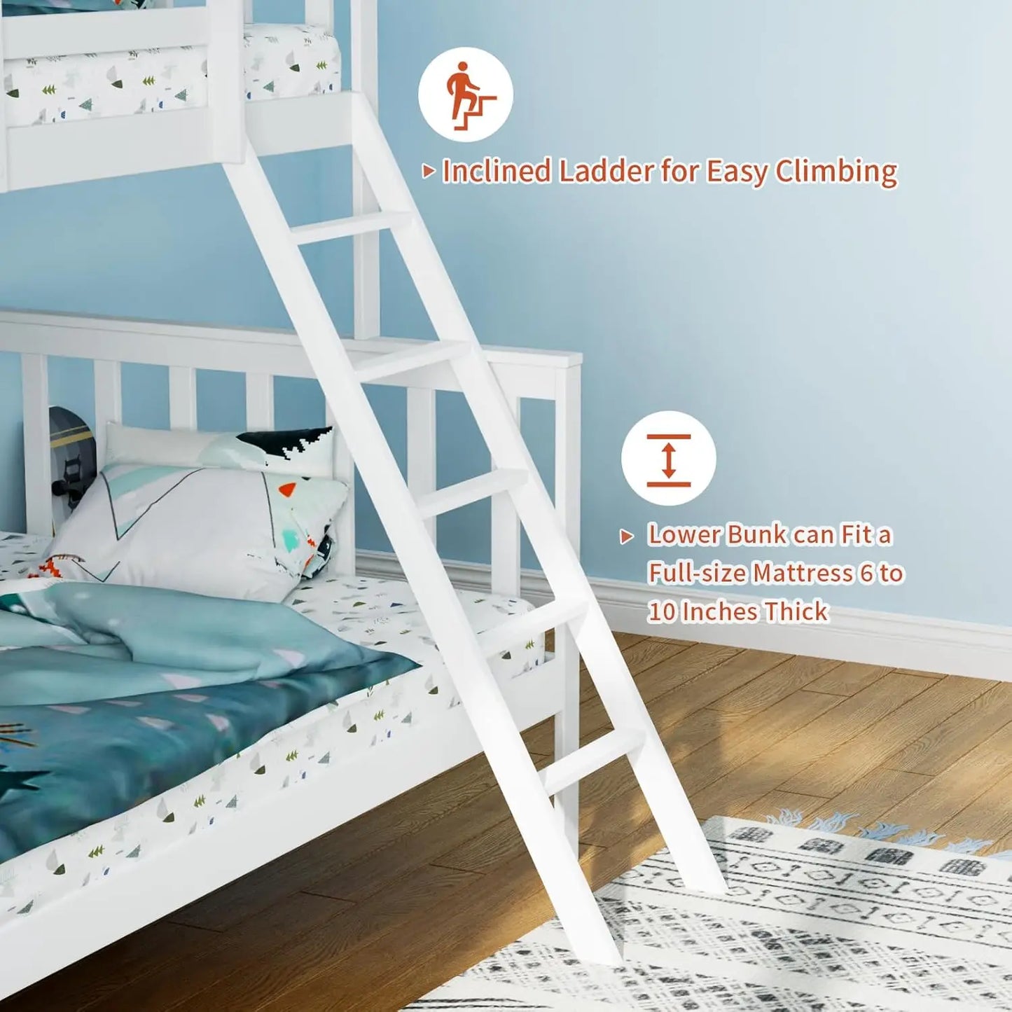 Twin Over Full Bunk Bed, Solid Wood Frame with Ladder & Guard Rail