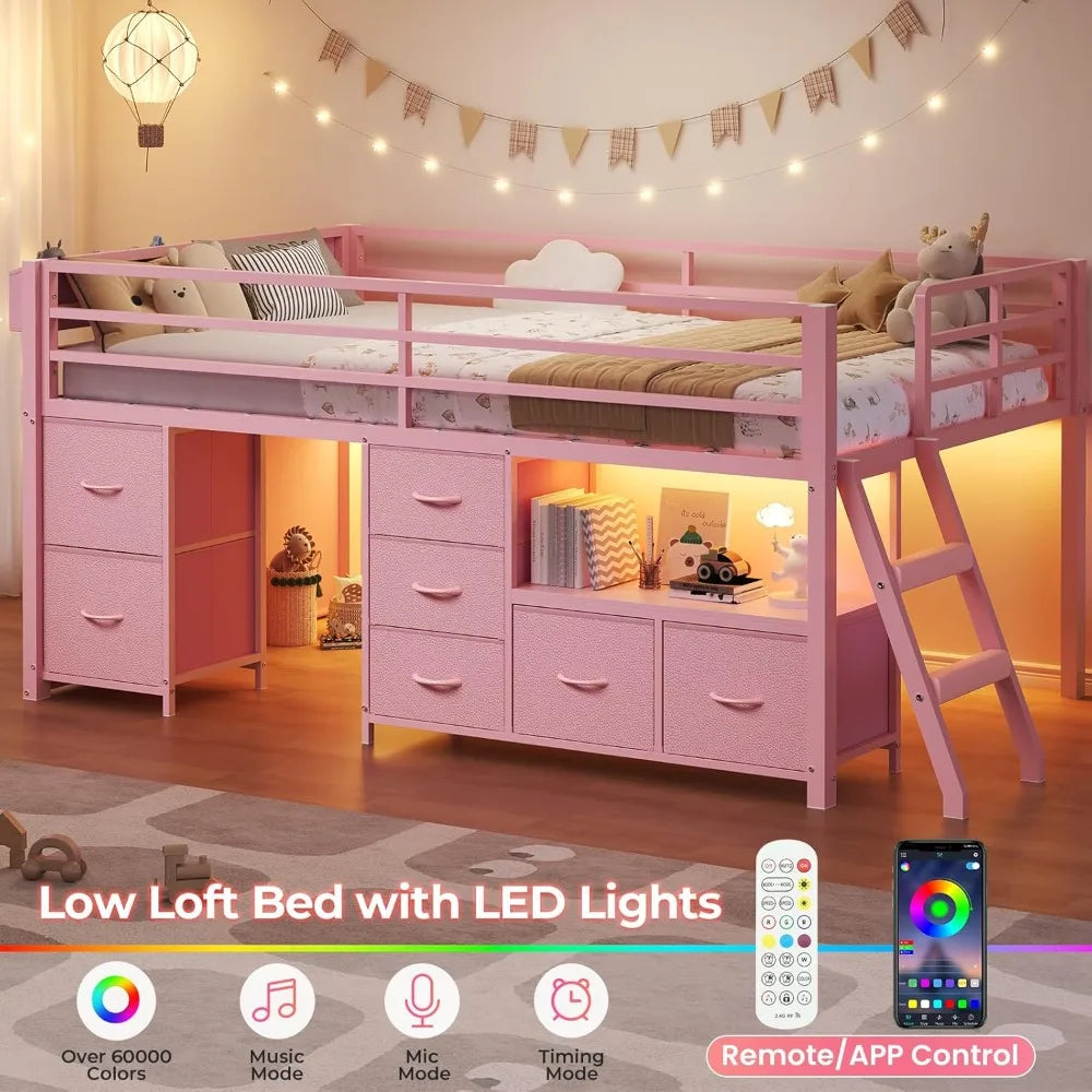 Low Loft Bed Twin Size with 7 Storage Drawers, Bookcase and LED Lights