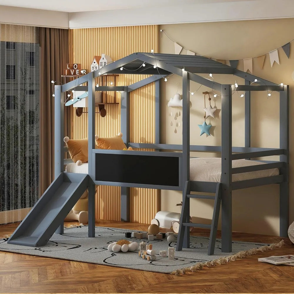 Kids House Loft Bed with Slide, Twin Size