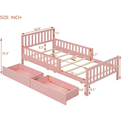 Low Platform Twin Bed with Guardrails, Headboard and Footboard