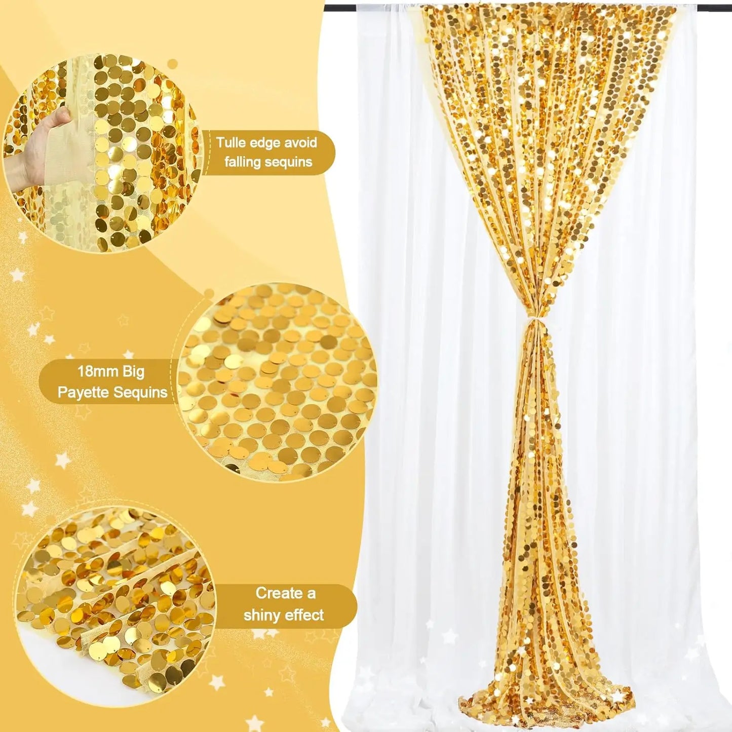 1Panel-4ftx8ft Gold Big Sequin Backdrop Curtains, Shimmer Payette Sequin Backdrop Curtain Panels for Wedding Party Christmas Dec