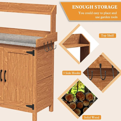 Wooden Garden Potting Table with Metal Tabletop and Removable Shelf
