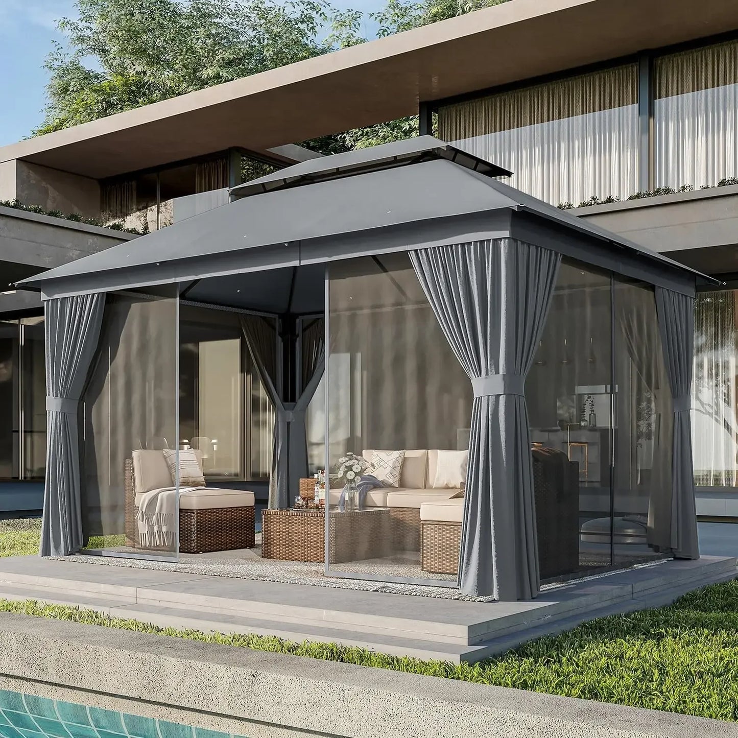 Outdoor Gazebo for Patio 10x12, Metal Frame Canopy with Double Roofs