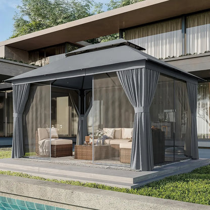 Outdoor Gazebo for Patio 10x12, Metal Frame Canopy with Double Roofs