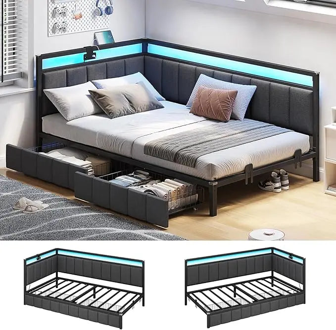 Corner Bed Frame with Storage Drawers, Twin