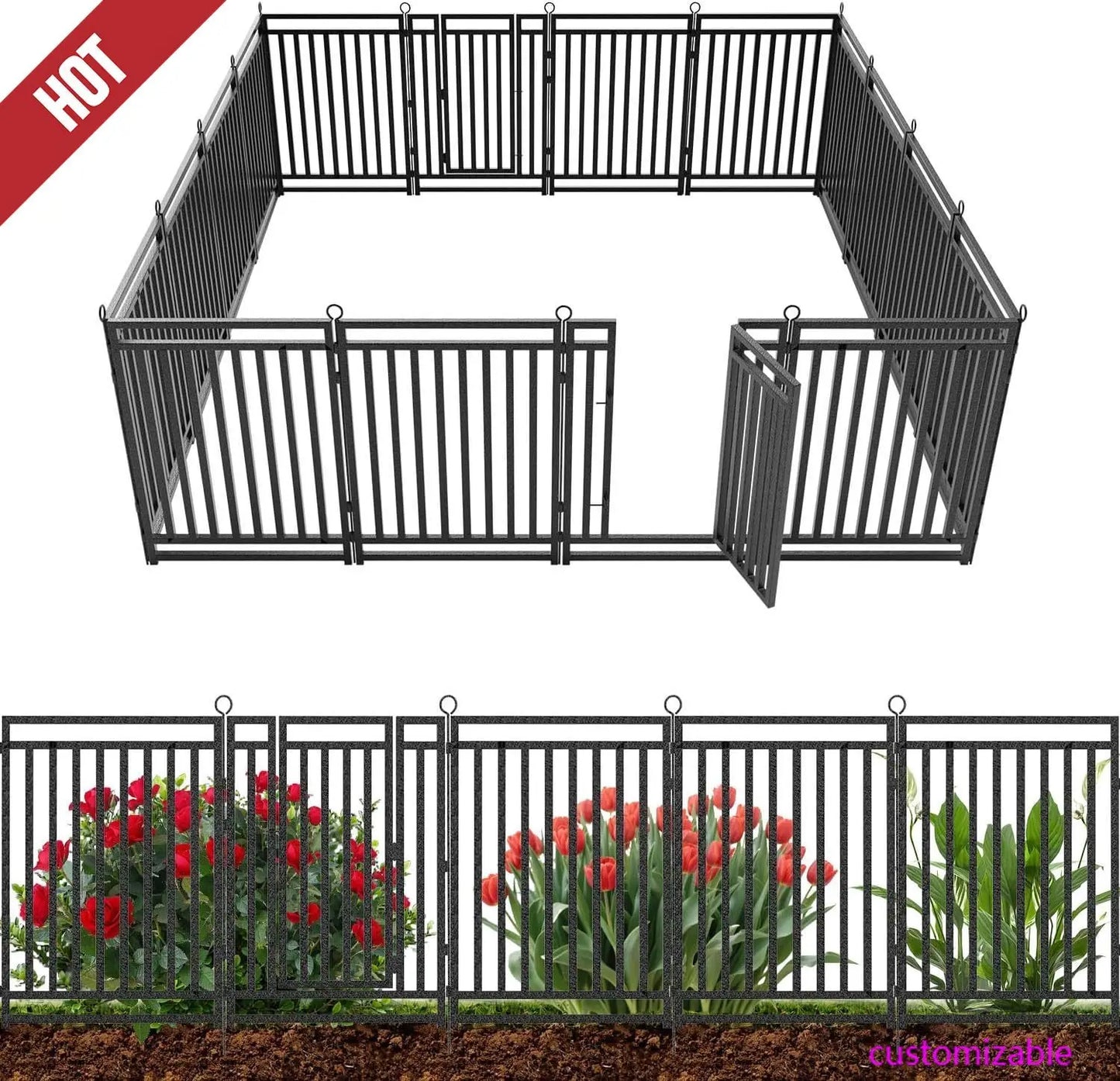 NEW Decorative Garden Fence Metal Dog Fence Outdoor for Yard, 36ft (L) × 40in (H), 14 Panels + 2 Gates,Black-Silver